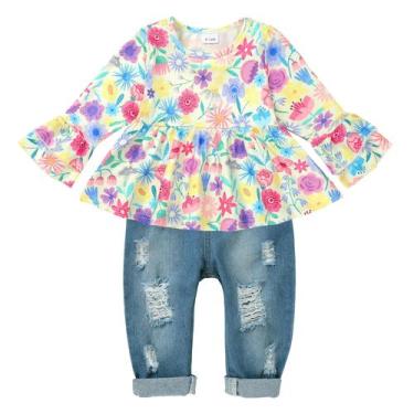 Imagem de Conjunto de blusa floral com babados e jeans rasgados para meninas - C