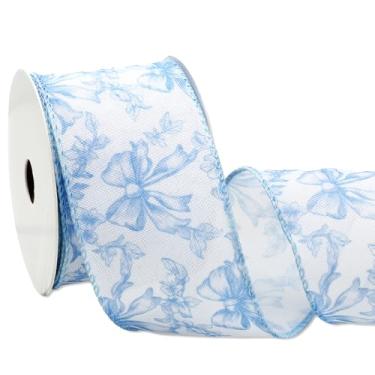 Imagem de JarThenaAMCS Laço floral azul com borda com fio fita de tecido com laço de flor chinoiserie para artesanato faça você mesmo, suprimentos para fabricação de laços de guirlanda, 12 jardas