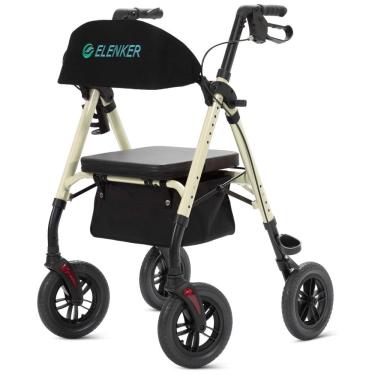 Imagem de Andador para Idosos com Assento e Encosto Acolchoado e Estrutura Ajustável, Até 136 Kg, ELENKER, Champanhe