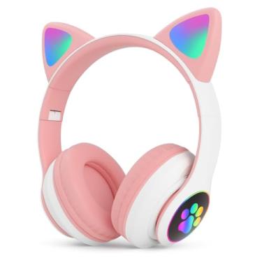 Imagem de Fone de Ouvido Gatinho Sem Fio Bluetooth Infantil com LED para Meninas e Meninos Rosa