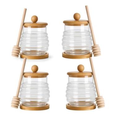 Imagem de Kit 4 Meleira Vidro Transparente Bambu Tampa Pegador 270ml - Cosy