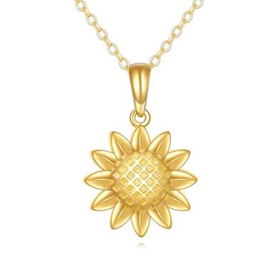 Imagem de KECHO Colar de girassol em ouro amarelo 14 k para mulheres, pingente de flor de ouro maciço, joias, presente de aniversário para ela, Medium, Ouro, Zircônia cúbica