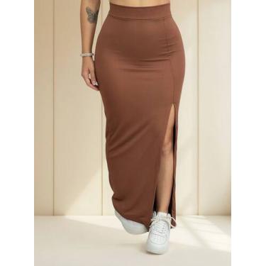 Imagem de Saia Feminina Midi Com Fenda Lateral Cintura Alta Plus Size - NoBrand,