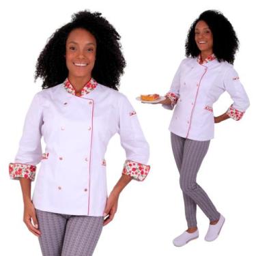 Imagem de Dólmã Feminina Para Chef De Cozinha 100% Algodão Branco Floral Acintur