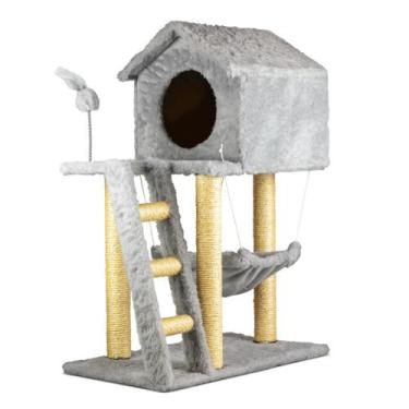 Imagem de Arranhador para Gatos Casa Dois Andares com Rede Escada e Brinquedos -