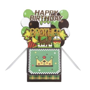 Imagem de Happy Birthday Brother Cartão Pop Up, 3D Pixel Balões Verdes Pretos Bolo Popup Caixa Presente Tema Jogo Cartão de Aniversário com Envelope para Irmãos Amigos Decorações de Festa & Lembrança