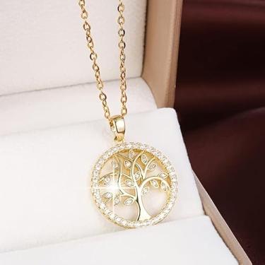 Imagem de Colar com pingente de árvore dourada da vida, colar de zircão brilhante, colar redondo, joia presente para mulher, esposa, mãe