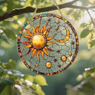 Imagem de Acrílico colorido Suncatcher, arte de vitral de sol e lua, decoração de parede de janela suspensa de 18 cm com design de estilo de vitral impresso, ideia de presente e ornamento de jardim, uso interno