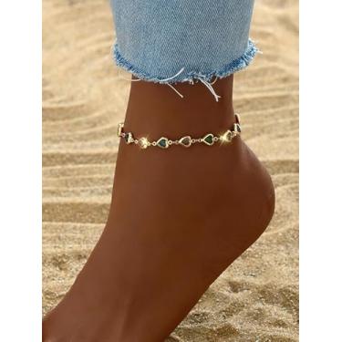 Imagem de Tornozeleiras coloridas com contas de coração de cristal, corrente banhada a ouro, multicolorida, com contas de amor, boêmio, verão, férias, praia, moda vintage, pulseira descalço no tornozelo na