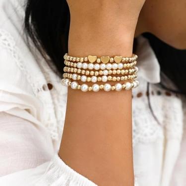 Imagem de Conjunto de pulseiras de contas douradas para mulheres, clipe de papel elástico grosso, empilhável, não mancha