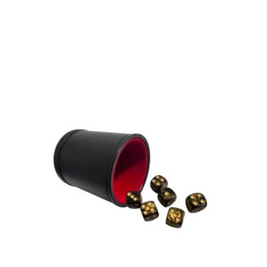 Imagem de TOPTAN PU Leatherette Dice Cup with 6 D6 Black and Gold Dice for Yahtzee Farkle Bar Party Dice Games