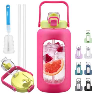 Imagem de HYDRAGLAZIC Parafusos de água de vidro de 2,041 g com canudo, bico e tampa 2 em 1, garrafa de água de meio galão com marcador de tempo e manga de silicone, garrafa de água esportiva sem BPA para