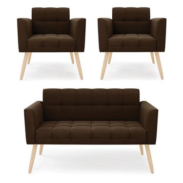 Imagem de Kit 1 Sofá Namoradeira E 2 Poltronas Elisa Suede Pés Palito Natural - D'rossi Cor Marrom