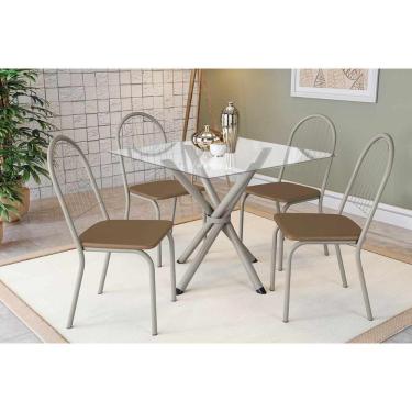 Imagem de Conjunto: Mesa Sala Jantar Volga C- Tampo De Vidro 90cm E 4 Cadeiras Noruega Niquel - Courano Capuccino - Kappesberg