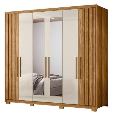 Imagem de Guarda Roupas Casal Detalhe Ripado Com Espelho 6 Portas 4 Gavetas Roma Madeirado/off White Madeirado/off White