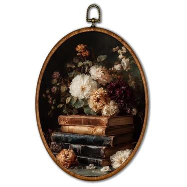 Imagem de KSDUT Retro Flower Book Wall Art Decor - Neutro Meados do Século Moderno, Quadro de Parede Impressões Penduradas, Vintage Dark Academia Floral Oval Arte Decoração para Decorações de Galeria de Casa