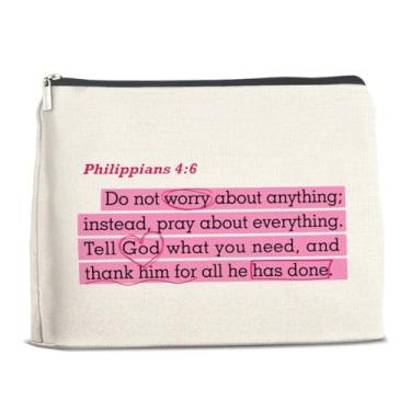 Imagem de LyoGao Presentes Cristãos Filipenses 4:6 Bolsa de Maquiagem Rosa Preppy Bolsa de Cosméticos para Mulheres Meninas Versos da Bíblia Bolsa de Viagem Religiosa