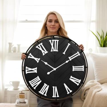Imagem de EMAX HOME Relógio de parede grande de madeira de 76 cm – Relógio de parede extra grande com algarismos romanos 3D e emenda de espinha de peixe, relógio de parede de madeira moderno preto para sala de