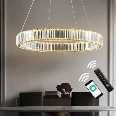 Imagem de Lustre de cristal moderno luminária de teto LED contemporânea ajustável aço inoxidável 1 anel lustres de bronze dourado iluminação D20"