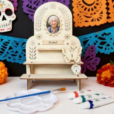 Imagem de Kit de altar Dia De Los Muertos, altar de calêndula de madeira do dia dos mortos com molduras e borboletas (clássico, natureza, 17 cm)