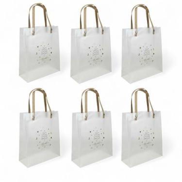 Imagem de Kit 6 Sacolas Transparente Feliz Natal Alça Bolsa Gifts 25cm - Multiar