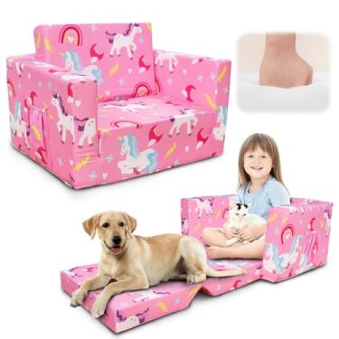 Imagem de Beavtaens Sofá infantil, sofá dobrável 2 em 1, sofá conversível para espreguiçadeira para meninas e meninos, cadeiras infantis macias confortáveis de 1 a 3 anos - rosa claro