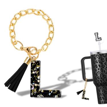 Imagem de Stanley Cup Accessories Charms Black Letter L Tumbler Accessories with 10mm Straw Topper Cover - Chaveiro de identificação com nome inicial fofo personalizado para alça de copo Stanley de 30 e 1,134 g