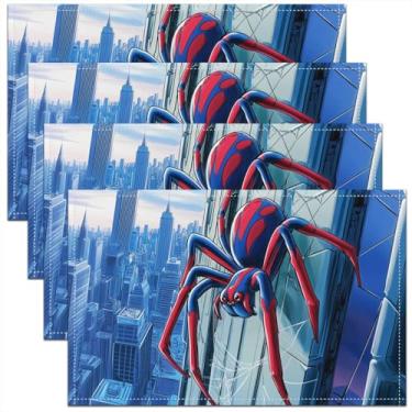 Imagem de Tapete infantil aranha 3D, jogo americano de construção de cidade azul para meninos, adolescentes e homens, tapete de mesa moderno com tema de herói para decoração de festa de mesa de jantar, pacote