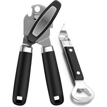 Imagem de 2 peças de borda lisa manual de abridor de lata e garrafa com ímã forte, abrelatas de aço inoxidável resistente abridores de latas portáteis para idosos - suprimentos de cozinha premium (preto)