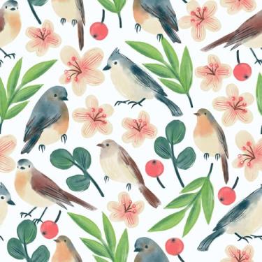 Imagem de FANCYEASY Papel de parede floral de pássaro aquarela Peel and Stick Boho azul pássaro rosa flor verde papel de parede para banheiro berçário armários forros de prateleira 30,5 x 254 cm rolo de vinil