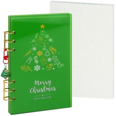 Imagem de Fichário festivo A5 com design de Natal, capa acrílica, design plano, anel redondo de metal dourado, páginas de grade de 90 pontos, chaveiro, presente de feriado perfeito (verde esmeralda)