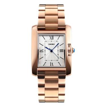 Imagem de MASTOP Relógio unissex feminino masculino retangular ouro rosa aço inoxidável à prova d'água cristal analógico quartzo numerais romanos, Ouro rosa