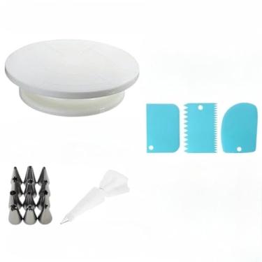 Imagem de Mesa Giratória para Bolo - Kit Confeitaria Completo com Bailarina, Raspadores, Nivelador e Saco com Bicos para Decorar