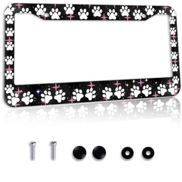 Imagem de Moldura de placa de licença com estampa de pata - 1 pacote com 1 pacote de capas de placa de carro com design de pata de cachorro rosa preto branco alumínio metal novidade suporte de etiqueta de carro