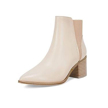 Imagem de Coutgo Botas femininas de cano curto com bico fino e elástico de salto médio empilhado Chelsea, Creme, 6.5