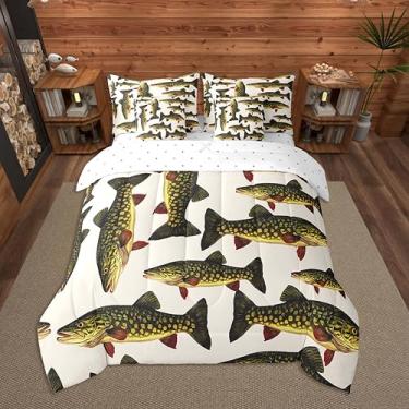 Imagem de Feelyou Conjunto de edredom de 7 peças, tamanho casal, com estampa de peixe-lúcio, para crianças, meninos, meninas, campo, cabana rústica, com edredom + lençol + fronhas + fronhas