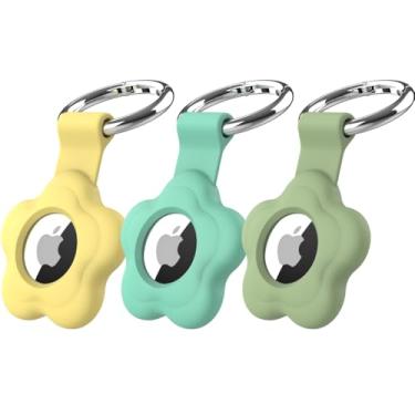 Imagem de Capa de silicone MC Fashion compatível com AirTag, [pacote com 3] linda flor macia capa protetora com chaveiro (amarelo + menta + verde matcha)