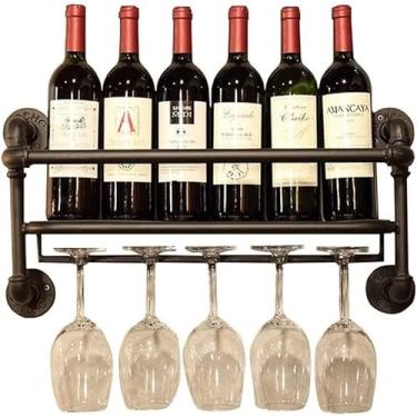 Imagem de Prateleiras de vinho vintage industriais design de tubo de água de ferro forjado 6 garrafas suporte de vinho, rack de copo de vinho, taças de taça, preto
