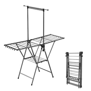 Imagem de SNOWNYLL Escorredor de roupas dobrável, rack de secagem retrátil dobrável, suporte para lavanderia que economiza espaço, rack de secagem de alumínio, ajuste de altura de asa dupla, para secar roupas