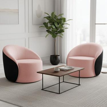 Imagem de Poltrona Sala Orgânica Kit 2 Lua Giratória Sintético PU Preto/Bouclê D03 - D`Rossi