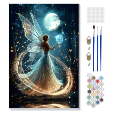 Imagem de DOMROM Kit de pintura emoldurada por números para adultos iniciantes com cavalete de madeira, kit de pintura de fadas DIY por número em tela, kits de pintura a óleo DIY para decoração de parede de