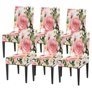 Imagem de hongjinglin Conjunto de 6 capas elásticas para cadeira de sala de jantar, capa protetora de assento de flor, rosa, branco, retrô, lavável, para cozinha, casa, hotel, banquete, festa de casamento