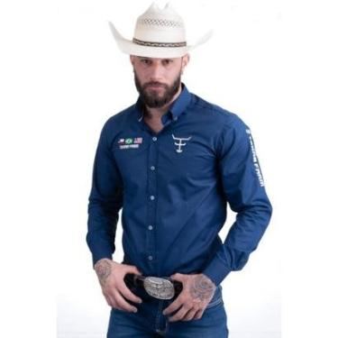 Imagem de CAMISA COMPETICAO MASCULINA MANGA LONGA TEXAS FARM - CP007 - AZUL MARINHO/ BEGE-Masculino