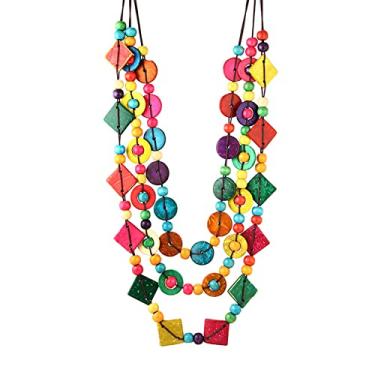 Imagem de Hifunny Colar de contas de madeira boêmio concha de coco colorido colar com pingente de contas de madeira para mulheres joias feitas à mão, Metal, Strass