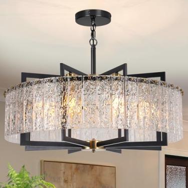 Imagem de KINGTORO Luminária de cristal para sala de jantar, pingente de vidro moderno de 8 luzes com corrente de lustre preta para sala de estar de teto alto | Quarto grande | Entrada de teto inclinado | 76 cm