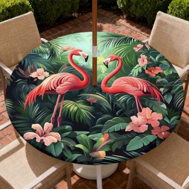 Imagem de Yesad Toalha de mesa redonda para uso ao ar livre com orifício para guarda-chuva, toalha de mesa com zíper e borda elástica, capa de toalha de mesa à prova d'água para piqueniques, serve para mesa