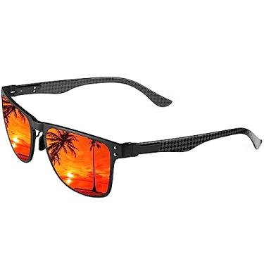 Imagem de QALLY Óculos de sol masculinos polarizados de fibra de carbono, armação retangular leve, proteção UV, óculos de sol sombreados para dirigir, Armação preta/lente laranja, M