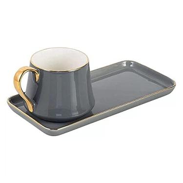 Imagem de Xícara de café xícara de água de cerâmica prato de sobremesa casa café da manhã xícara de leite xícara de chá da tarde conjunto de pires copo de casal presente para amantes de café (cinza)