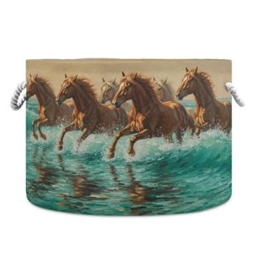 Imagem de Burbuja Cavalos galopando no mar cesta de armazenamento redonda com alças de corda de algodão, cesta de lavanderia para cobertores, brinquedos, berçário, decoração de sala de estar
