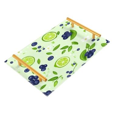 Imagem de CEBUGI Bandeja decorativa de mesa de centro de limão e mirtilo com almofada antiderrapante bandeja de servir com alças douradas para banheiro, sala de estar, 20 x 30 cm